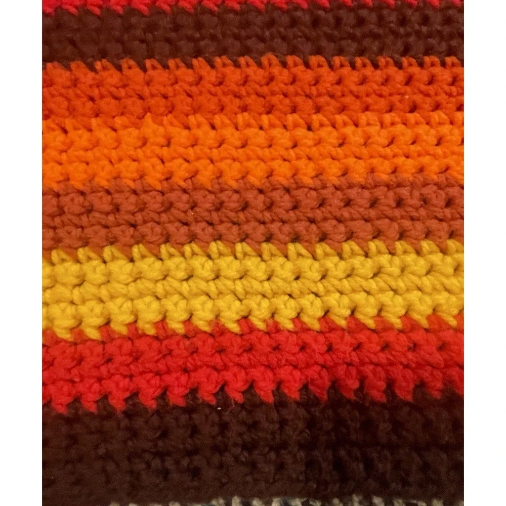 Handmade crochet 70s Afghan Blanket Orange Brown Yellow 47